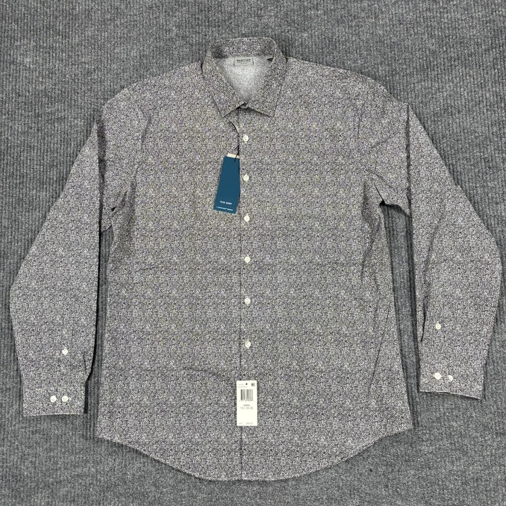 Kenneth Cole Reaction Mens Size L 16.5 34/35 Slim Fit Black White Print Shirt